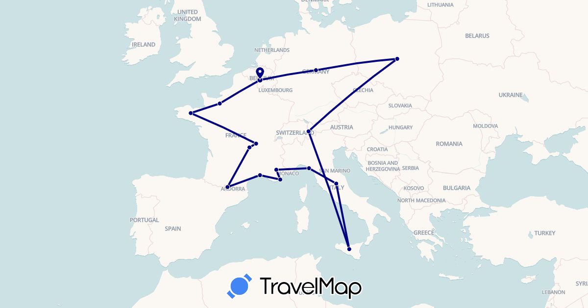 TravelMap itinerary: driving in Belgium, Germany, France, Italy, Poland (Europe)
